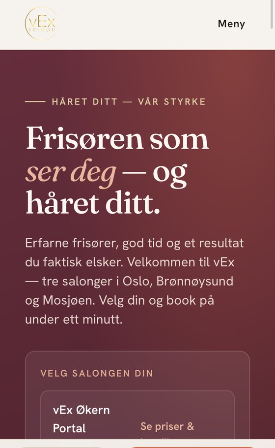 Vex Frisør nettside vist på mobil